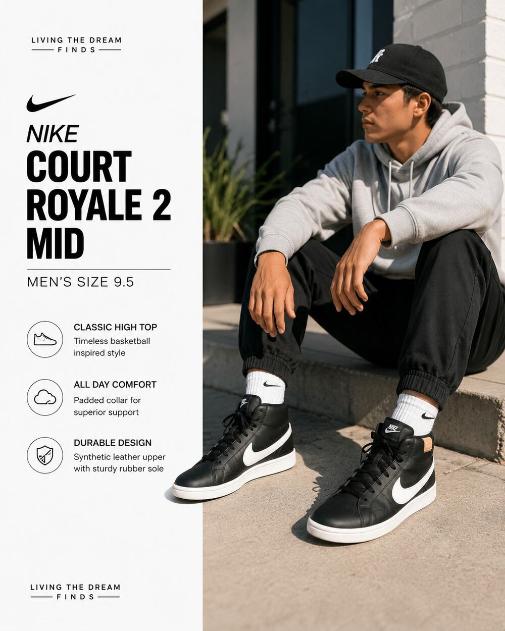 Nike Court Royale 2 Mid Men's Size 9.5 Black White High Top Sneakers